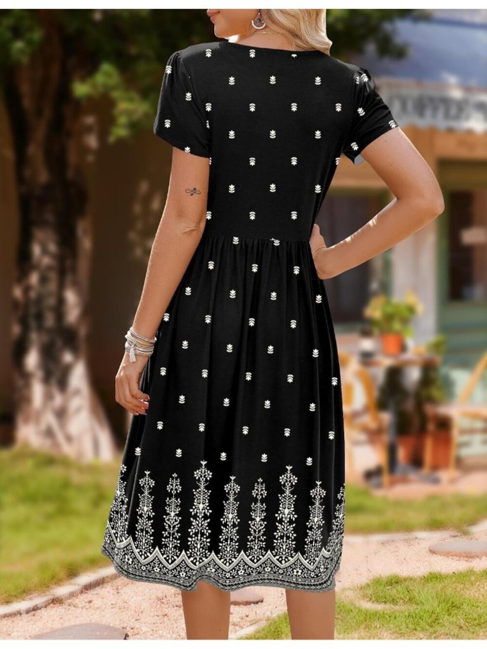 〽️Women's Black Floral Short Sleeve Midi Dress A Line Summer Dress with Pockets - Picture 5 of 6